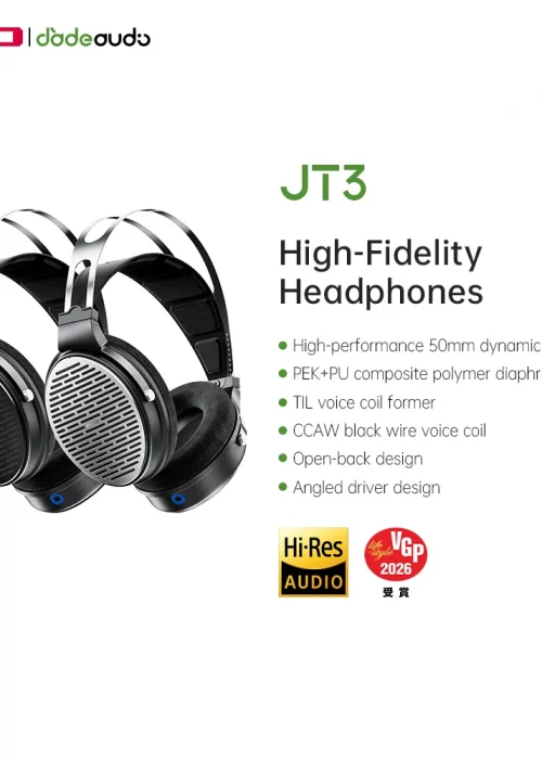 FiiO JT3 Over-Ear Open-Back Headphones, 50mm Dynamic Driver, PEK+PU Composite Diaphragm, Detachable 3.5mm Cable with Mic