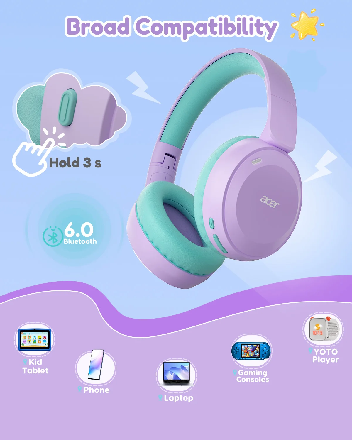 Acer Kids Bluetooth 6.0 Headphones 85/94dB Volume Limited Lightweight Over-Ear Wireless Toddler Headphones with Built-in Mic - Image 4