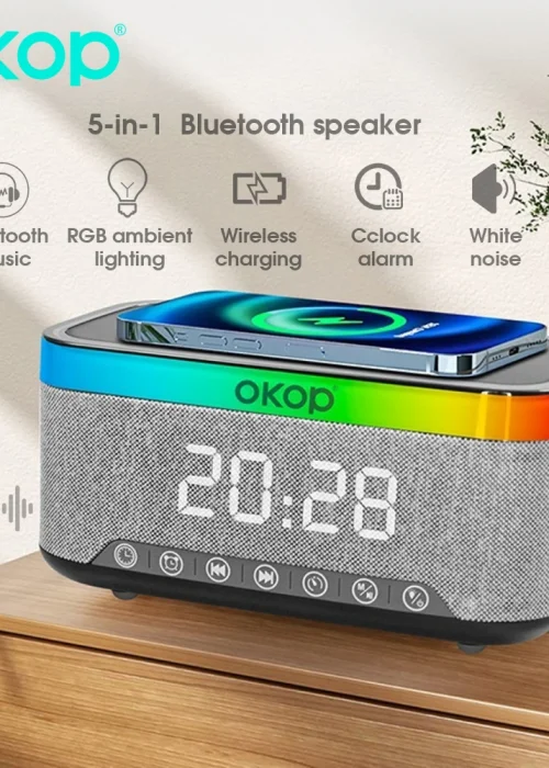OKOP Bluetooth Speaker, Wireless Charging Clock Alarm Clock RGB Ambient Light White Noise Desktop Speaker Bluetooth-колонка