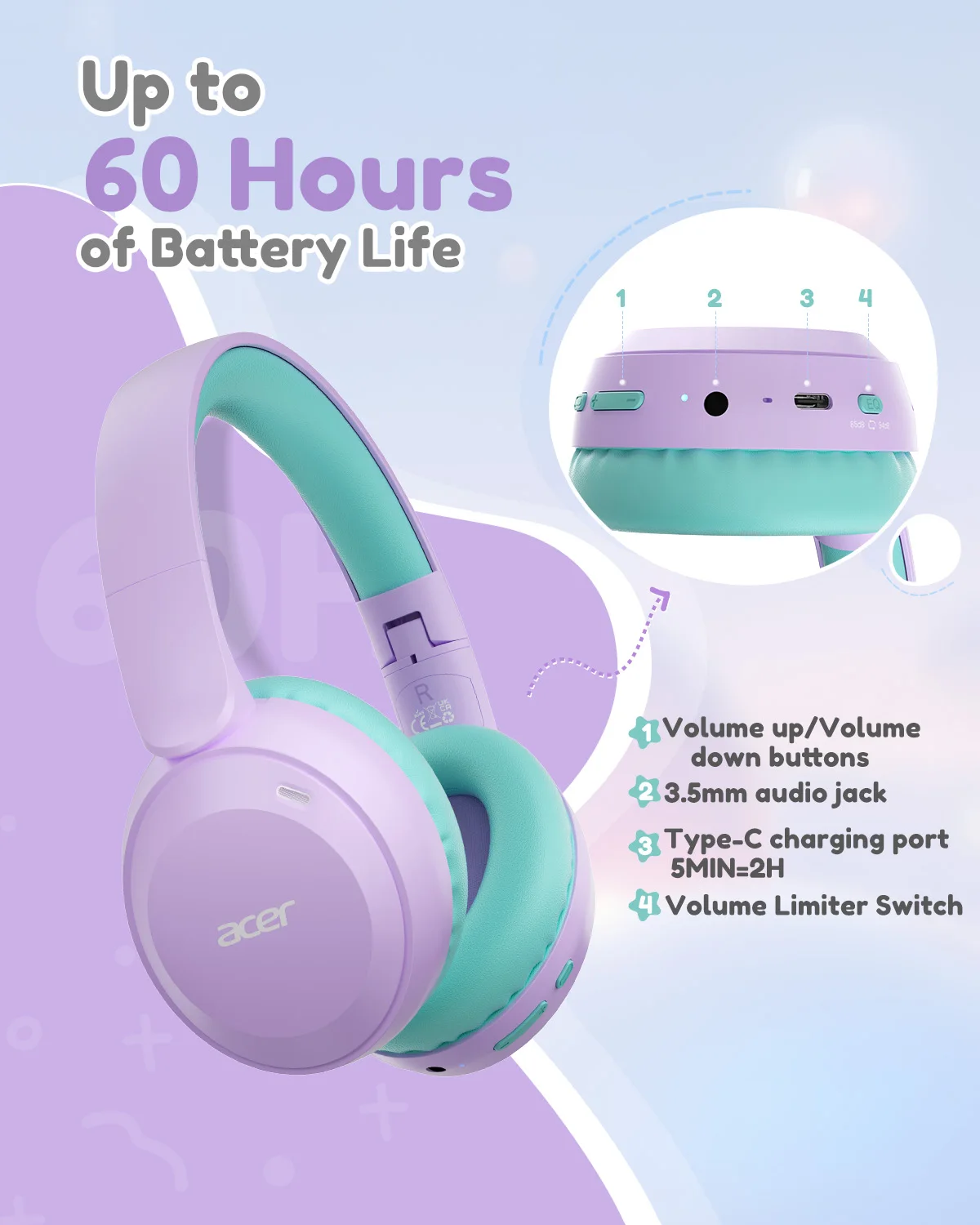 Acer Kids Bluetooth 6.0 Headphones 85/94dB Volume Limited Lightweight Over-Ear Wireless Toddler Headphones with Built-in Mic - Image 5