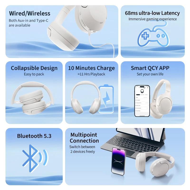 QCY H3 Lite ANC Wireless/Wired Headphones Bluetooth 5.3 Foldable Over Ear Headset HIFI Sound 60H Playtime Earphones Dual Connect - Image 5