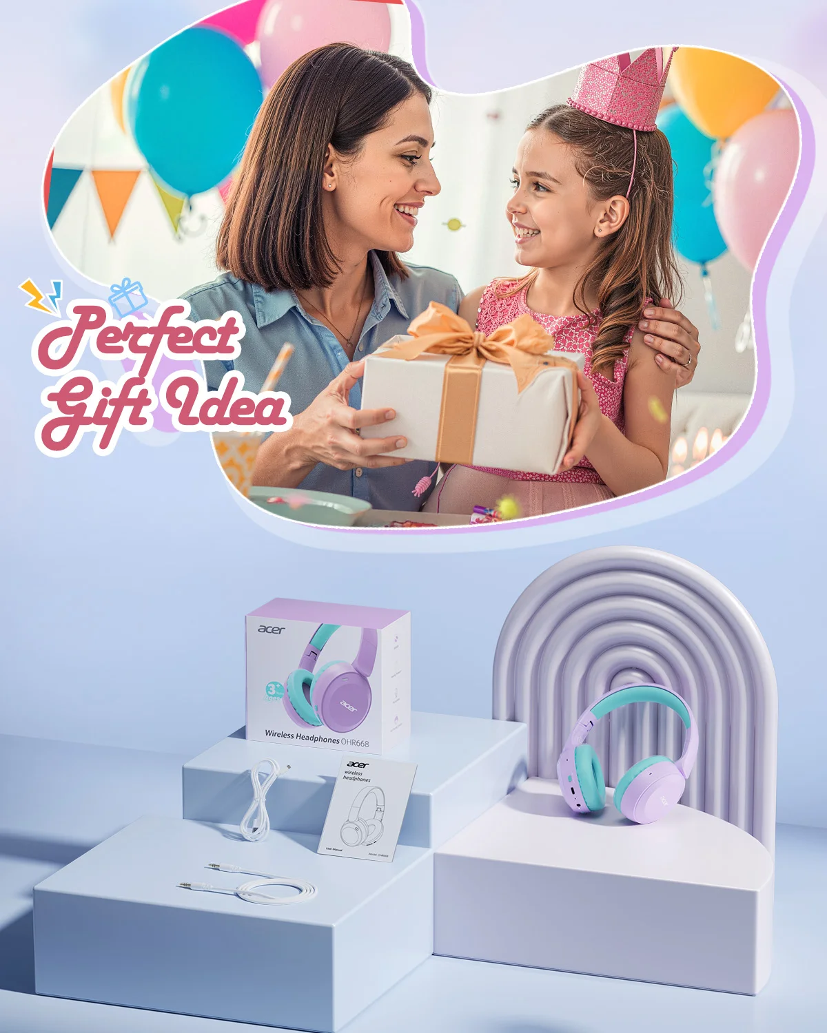 Acer Kids Bluetooth 6.0 Headphones 85/94dB Volume Limited Lightweight Over-Ear Wireless Toddler Headphones with Built-in Mic - Image 6