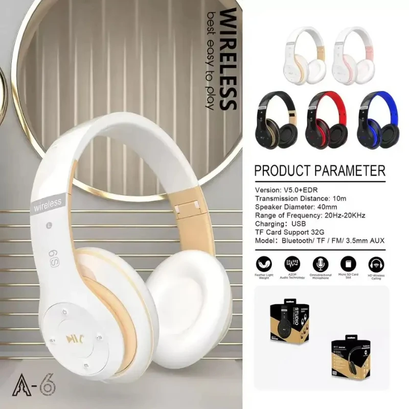 A6S Warrior Pro Wireless Gaming Headset, Foldable Over-Ear, Hi-Fi Stereo with Deep Bass, Mic & Volume Control, Low Latency Mode