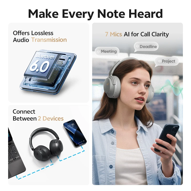 QCY H3S -56dB Adaptive ANC Over Ear Headphone Hi-Res LDAC Spatial Sound Wireless Earphone Bluetooth 6.0 Dual Driver 102H Headset - Image 6